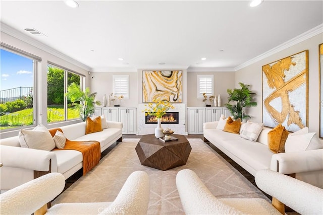 16389 Viewcrest Rd, Chino Hills, CA 91709 - living area featuring ornamental molding, recessed lighting, and a fireplace