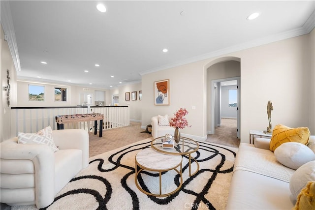 16389 Viewcrest Rd, Chino Hills, CA 91709 - living room featuring arched walkways, recessed lighting, crown molding, and light carpet