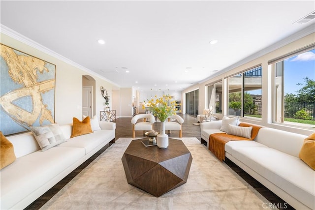 16389 Viewcrest Rd, Chino Hills, CA 91709 - living area with arched walkways, crown molding, recessed lighting, and light wood finished floors
