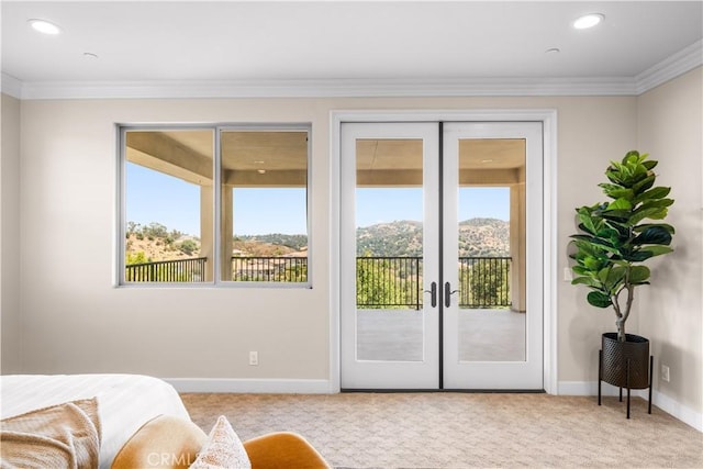 16389 Viewcrest Rd, Chino Hills, CA 91709 - carpeted bedroom with access to exterior, multiple windows, french doors, crown molding, and recessed lighting