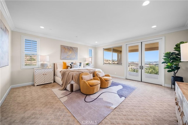 16389 Viewcrest Rd, Chino Hills, CA 91709 - bedroom with light carpet, french doors, access to exterior, multiple windows, and crown molding