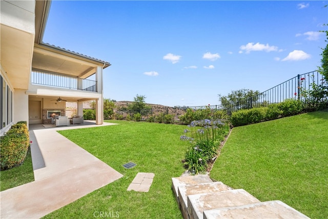 16389 Viewcrest Rd, Chino Hills, CA 91709 - fenced yard with a balcony, a ceiling fan, a patio area, and an outdoor hangout area