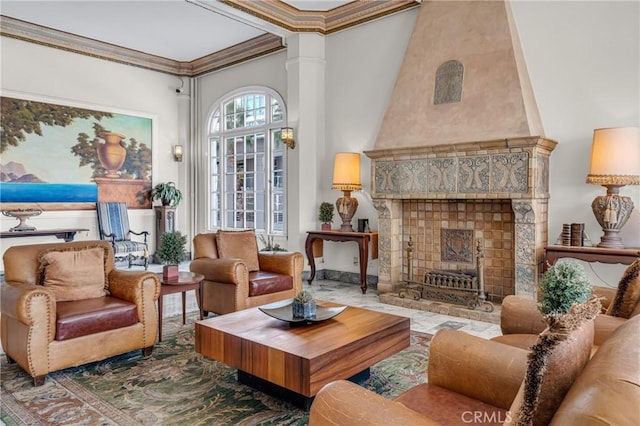 360 W Ocean Blvd Unit 402, Long Beach, CA 90802 - living area featuring ornamental molding and a fireplace