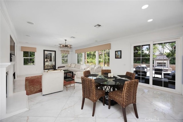 5231 Flora Ct, Rancho Cucamonga, CA 91739 - dining room featuring light marble finish floors, crown molding, a chandelier, recessed lighting, and a fireplace with raised hearth