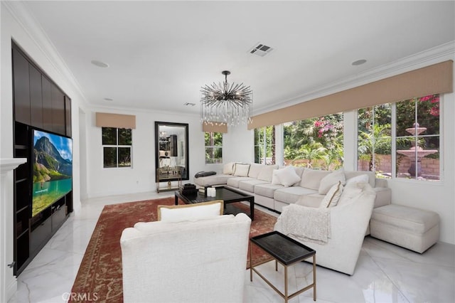 5231 Flora Ct, Rancho Cucamonga, CA 91739 - living area with a chandelier, ornamental molding, and light marble finish floors