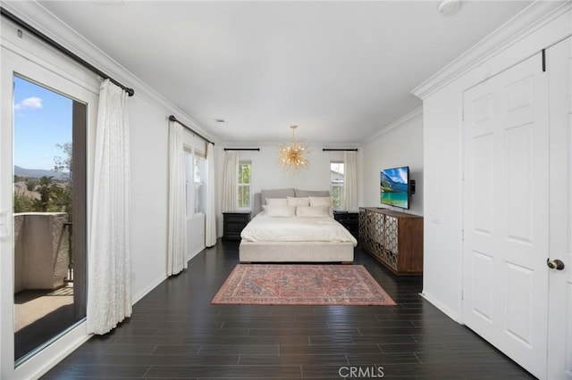 5231 Flora Ct, Rancho Cucamonga, CA 91739 - bedroom featuring ornamental molding, wood finished floors, and a chandelier
