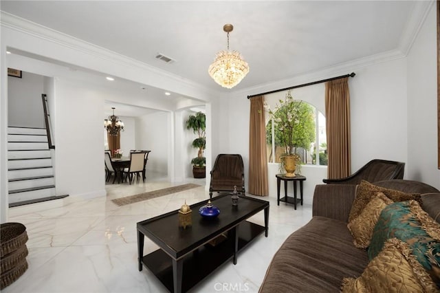 5231 Flora Ct, Rancho Cucamonga, CA 91739 - living room featuring a chandelier, stairs, ornamental molding, marble tiled floors, and recessed lighting