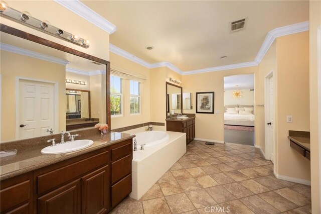 5231 Flora Ct, Rancho Cucamonga, CA 91739 - bathroom featuring a bath, two vanities, and crown molding