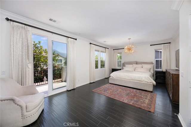 5231 Flora Ct, Rancho Cucamonga, CA 91739 - bedroom featuring ornamental molding, access to outside, a chandelier, and dark wood-type flooring