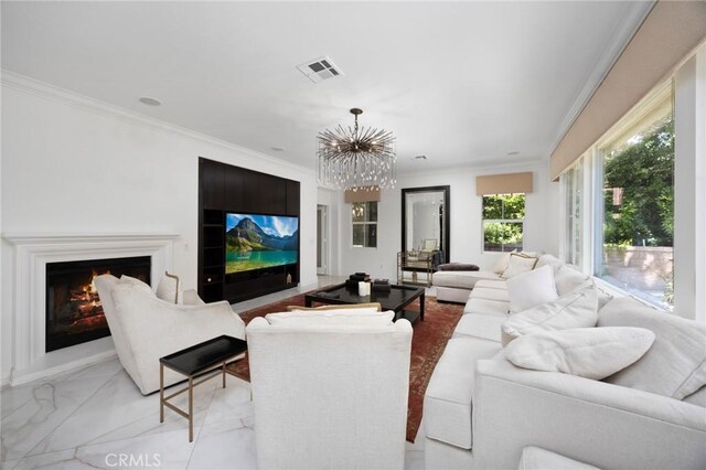 5231 Flora Ct, Rancho Cucamonga, CA 91739 - living room featuring a chandelier, crown molding, light marble finish floors, and a warm lit fireplace