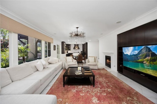 5231 Flora Ct, Rancho Cucamonga, CA 91739 - living room with ornamental molding, a chandelier, light marble finish flooring, a warm lit fireplace, and recessed lighting