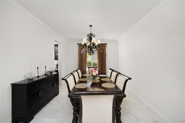 5231 Flora Ct, Rancho Cucamonga, CA 91739 - dining room with a chandelier, light marble finish flooring, and crown molding