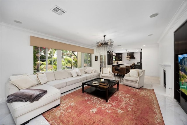 5231 Flora Ct, Rancho Cucamonga, CA 91739 - living area with ornamental molding, a chandelier, light marble finish floors, and a fireplace with flush hearth