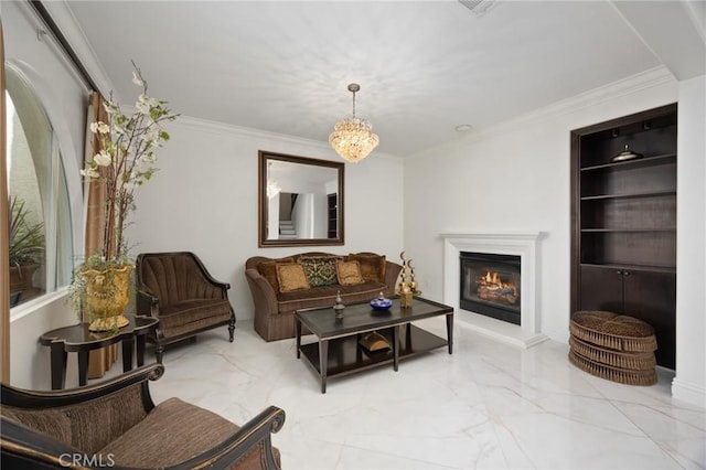 5231 Flora Ct, Rancho Cucamonga, CA 91739 - living area with marble tiled floors, ornamental molding, and a glass covered fireplace
