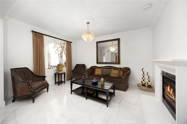 5231 Flora Ct, Rancho Cucamonga, CA 91739 - living area featuring marble tiled floors, ornamental molding, and a lit fireplace