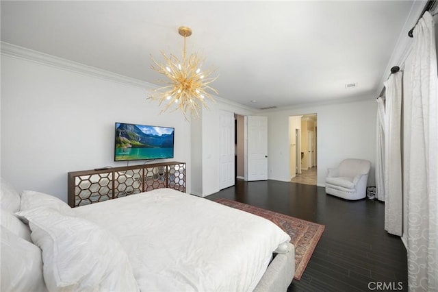 5231 Flora Ct, Rancho Cucamonga, CA 91739 - bedroom featuring a chandelier, dark wood-style flooring, and crown molding