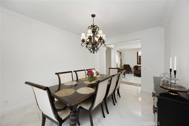 5231 Flora Ct, Rancho Cucamonga, CA 91739 - dining space with light marble finish flooring, a chandelier, and ornamental molding