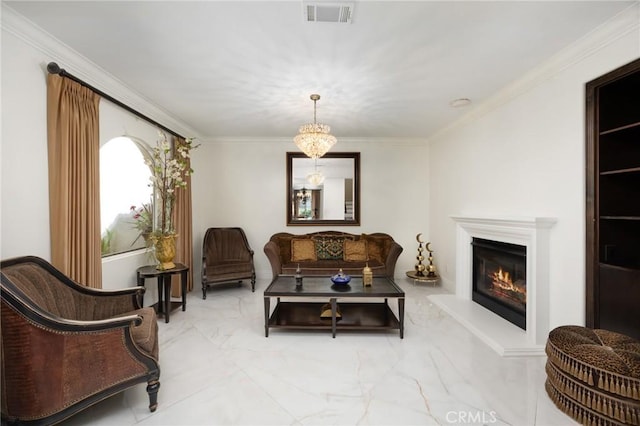 5231 Flora Ct, Rancho Cucamonga, CA 91739 - sitting room featuring marble finish flooring, ornamental molding, and a glass covered fireplace