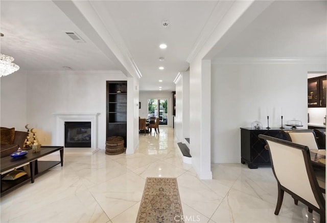 5231 Flora Ct, Rancho Cucamonga, CA 91739 - living room with ornamental molding, light marble finish floors, a glass covered fireplace, recessed lighting, and a chandelier