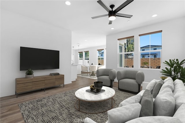 403 Aura Dr, Costa Mesa, CA 92626 - living room featuring wood finished floors, ceiling fan, and recessed lighting
