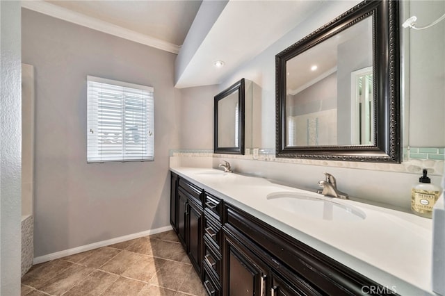 5 Chandon, Laguna Niguel, CA 92677 - full bath featuring double vanity, ornamental molding, recessed lighting, and a shower