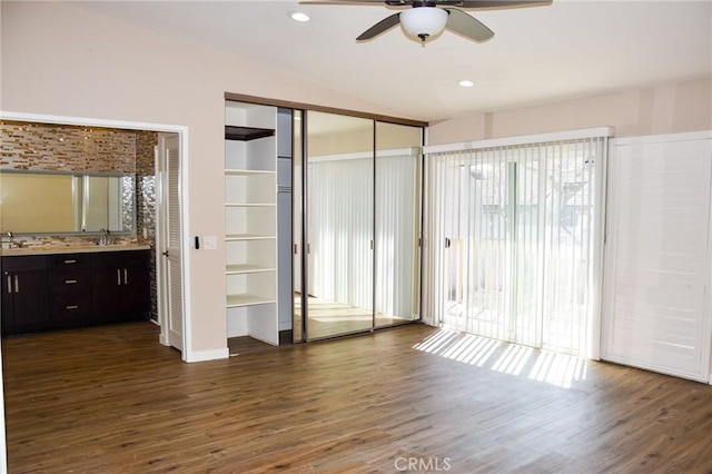 6584 E Paseo Diego, Anaheim, CA 92807 - unfurnished bedroom with wood finished floors, access to outside, ensuite bath, recessed lighting, and a ceiling fan