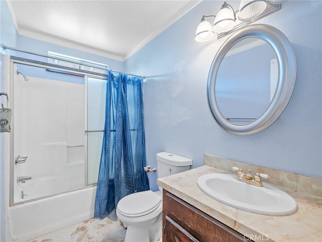 7423 Palomar Ave, Yucca Valley, CA 92284 - full bathroom with shower / bathtub combination with curtain, vanity, and ornamental molding