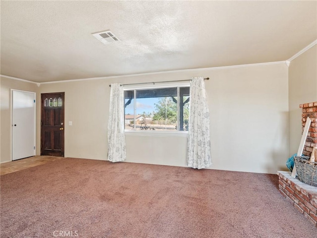 7423 Palomar Ave, Yucca Valley, CA 92284 - unfurnished living room featuring ornamental molding, carpet flooring, and a fireplace