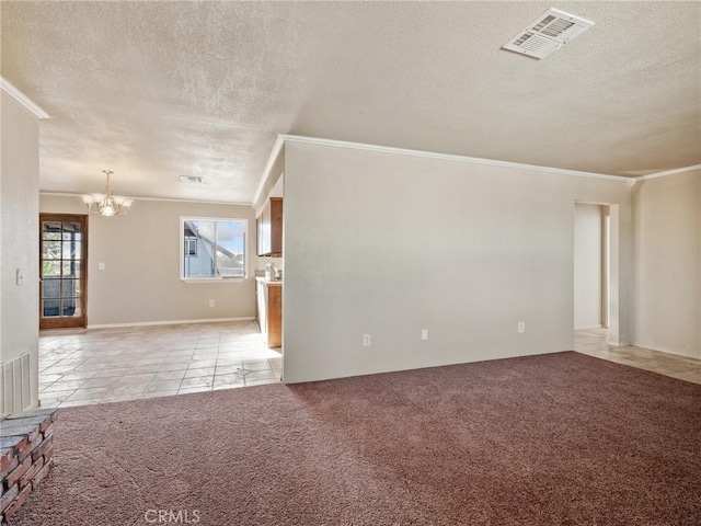 7423 Palomar Ave, Yucca Valley, CA 92284 - spare room featuring a textured ceiling, a chandelier, ornamental molding, light colored carpet, and light tile patterned floors