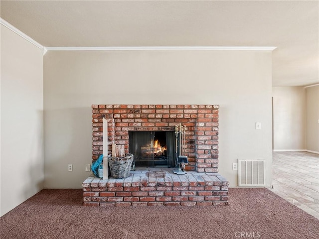 7423 Palomar Ave, Yucca Valley, CA 92284 - detailed view of ornamental molding, a fireplace, and carpet flooring