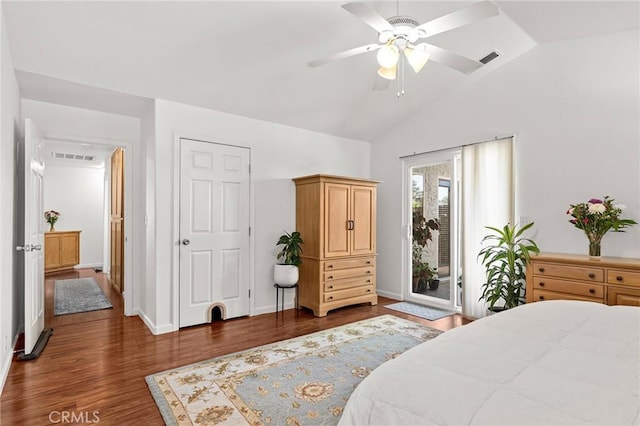 1 Alden Ct, Chico, CA 95973 - bedroom featuring dark wood-type flooring, lofted ceiling, access to exterior, and ceiling fan