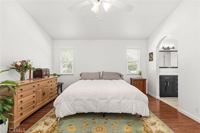 1 Alden Ct, Chico, CA 95973 - bedroom with lofted ceiling, wood finished floors, ensuite bathroom, and ceiling fan