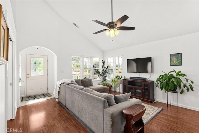 1 Alden Ct, Chico, CA 95973 - living room with high vaulted ceiling, wood finished floors, and a ceiling fan