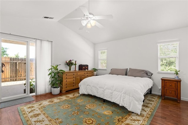 1 Alden Ct, Chico, CA 95973 - bedroom with access to exterior, lofted ceiling, wood finished floors, and ceiling fan