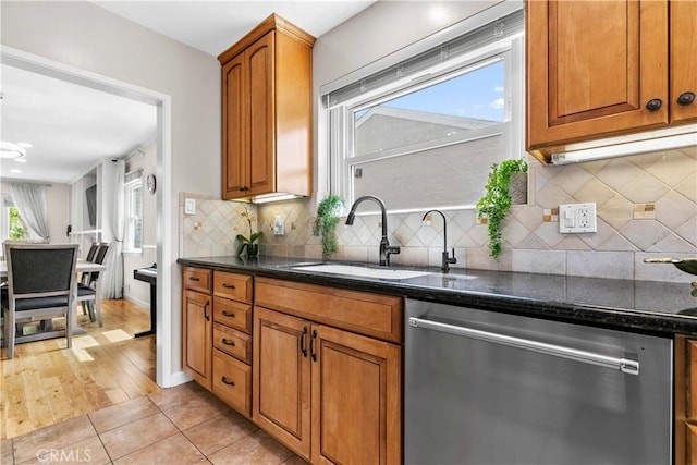 3348 Burritt Way, La Crescenta, CA 91214 - kitchen featuring dishwasher, brown cabinetry, and backsplash