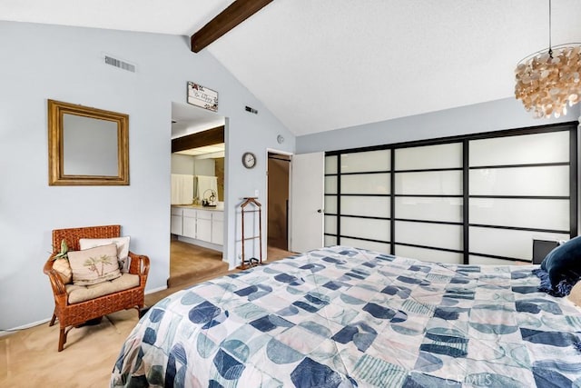 7826 Winnetka Ave, Winnetka, CA 91306 - carpeted bedroom with beamed ceiling, high vaulted ceiling, and ensuite bathroom