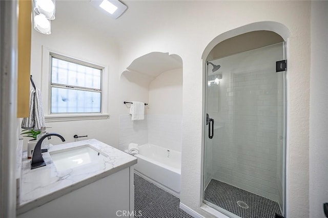 1123 W 81st St, Los Angeles, CA 90044 - full bath with a bath, vanity, a shower stall, and tile patterned floors
