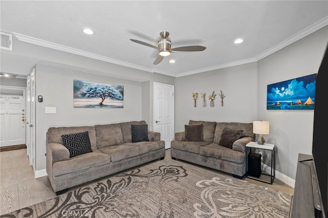 5230 Zelzah Ave Unit 3, Encino, CA 91316 - living area featuring wood finished floors, a ceiling fan, crown molding, and recessed lighting