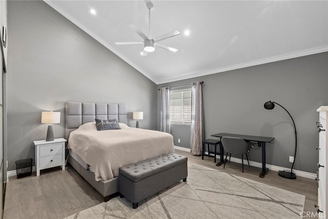 5230 Zelzah Ave Unit 3, Encino, CA 91316 - bedroom with vaulted ceiling, ornamental molding, wood finished floors, and ceiling fan