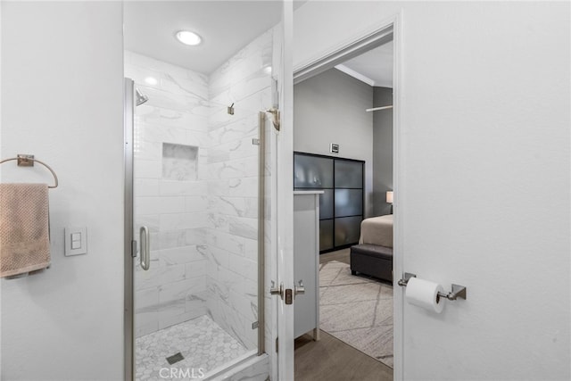 5230 Zelzah Ave Unit 3, Encino, CA 91316 - ensuite bathroom with a shower stall, wood finished floors, and recessed lighting