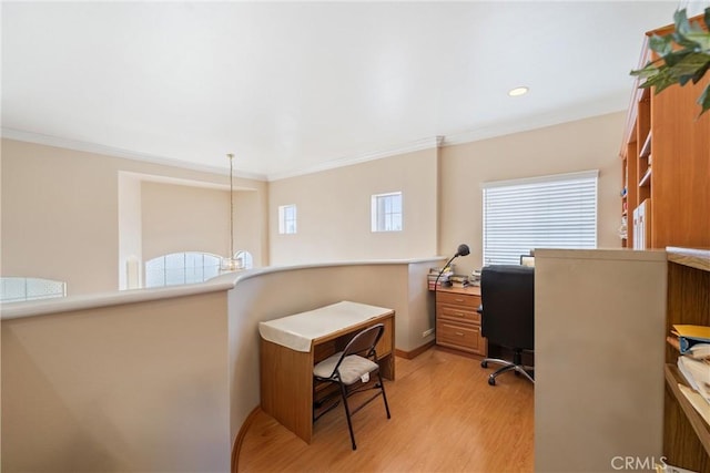 5939 N Vista St, San Gabriel, CA 91775 - office area featuring light wood-style flooring, ornamental molding, and recessed lighting
