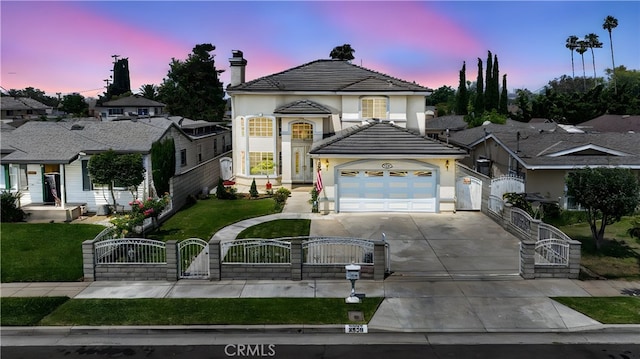 5939 N Vista St, San Gabriel, CA 91775 - view of front of home featuring a gate, a fenced front yard, concrete driveway, an attached garage, and a chimney