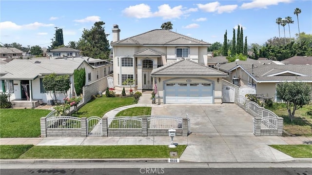 5939 N Vista St, San Gabriel, CA 91775 - view of front facade featuring a gate, a fenced front yard, driveway, stucco siding, and an attached garage
