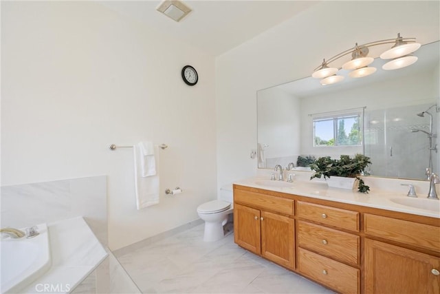5939 N Vista St, San Gabriel, CA 91775 - bathroom with a shower stall, double vanity, a bath, and marble finish floors