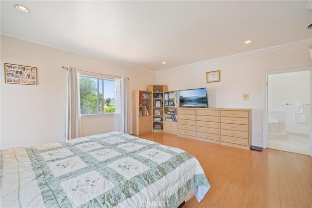 5939 N Vista St, San Gabriel, CA 91775 - bedroom featuring light wood finished floors, crown molding, and recessed lighting
