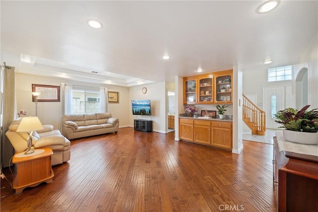 5939 N Vista St, San Gabriel, CA 91775 - living room with dark wood finished floors, recessed lighting, and a raised ceiling