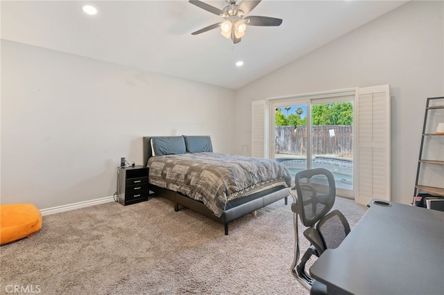 2837 Don Goodwin Dr, Riverside, CA 92507 - bedroom with carpet floors, access to exterior, vaulted ceiling, recessed lighting, and ceiling fan