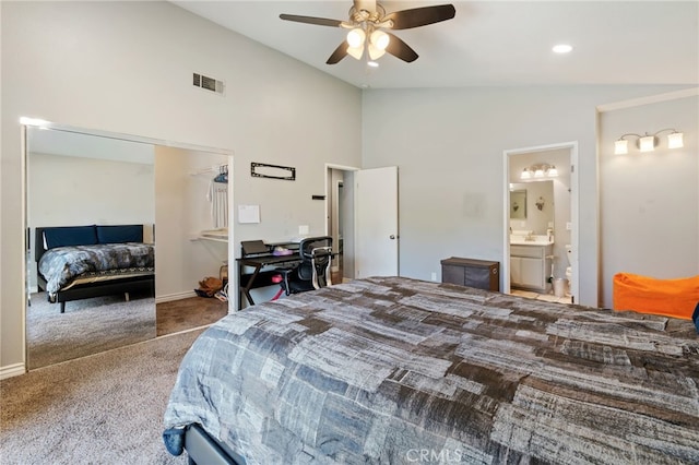 2837 Don Goodwin Dr, Riverside, CA 92507 - carpeted bedroom with lofted ceiling, ensuite bath, ceiling fan, and recessed lighting