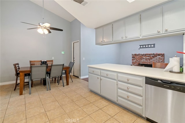 2837 Don Goodwin Dr, Riverside, CA 92507 - kitchen featuring dishwasher, light countertops, a ceiling fan, light tile patterned floors, and high vaulted ceiling