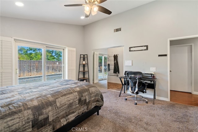 2837 Don Goodwin Dr, Riverside, CA 92507 - bedroom featuring carpet flooring, an office area, high vaulted ceiling, recessed lighting, and ceiling fan
